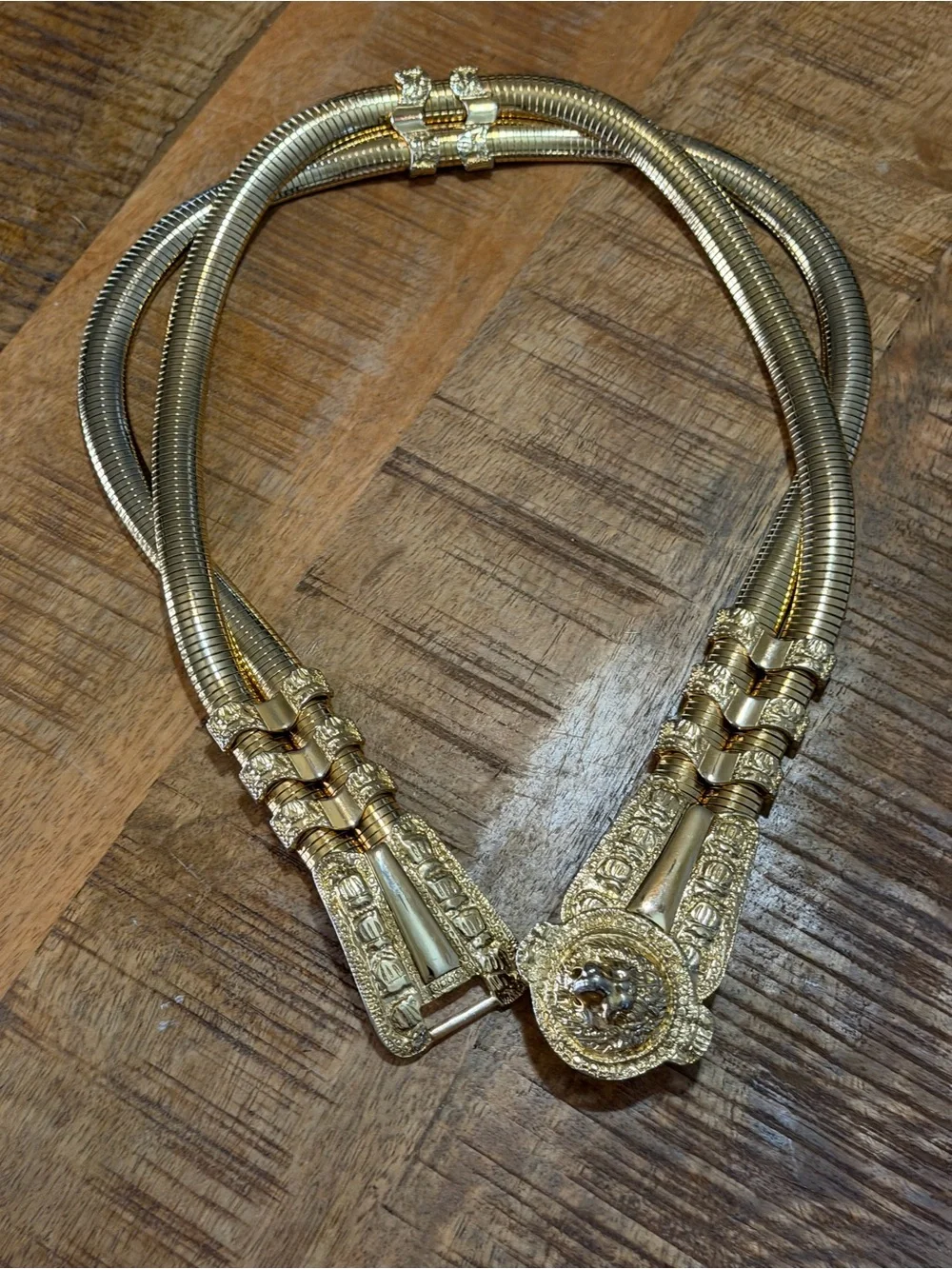 JUDITH LEIBER Luxury Vtg Gold Stretch Double Snake Statement Belt Lion Buckle